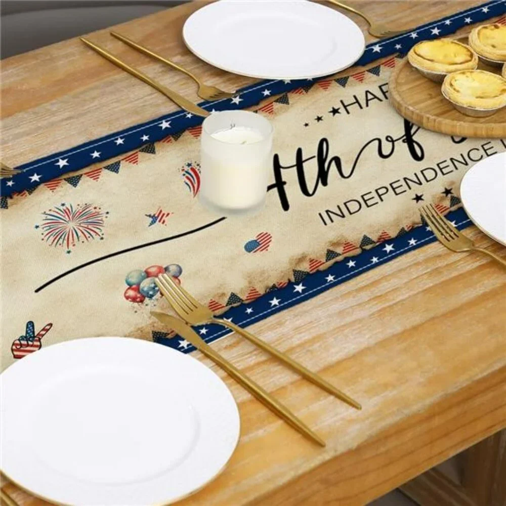Vintage 4th of July Table Runner Linen Independence Day Party Table Decor 13x72